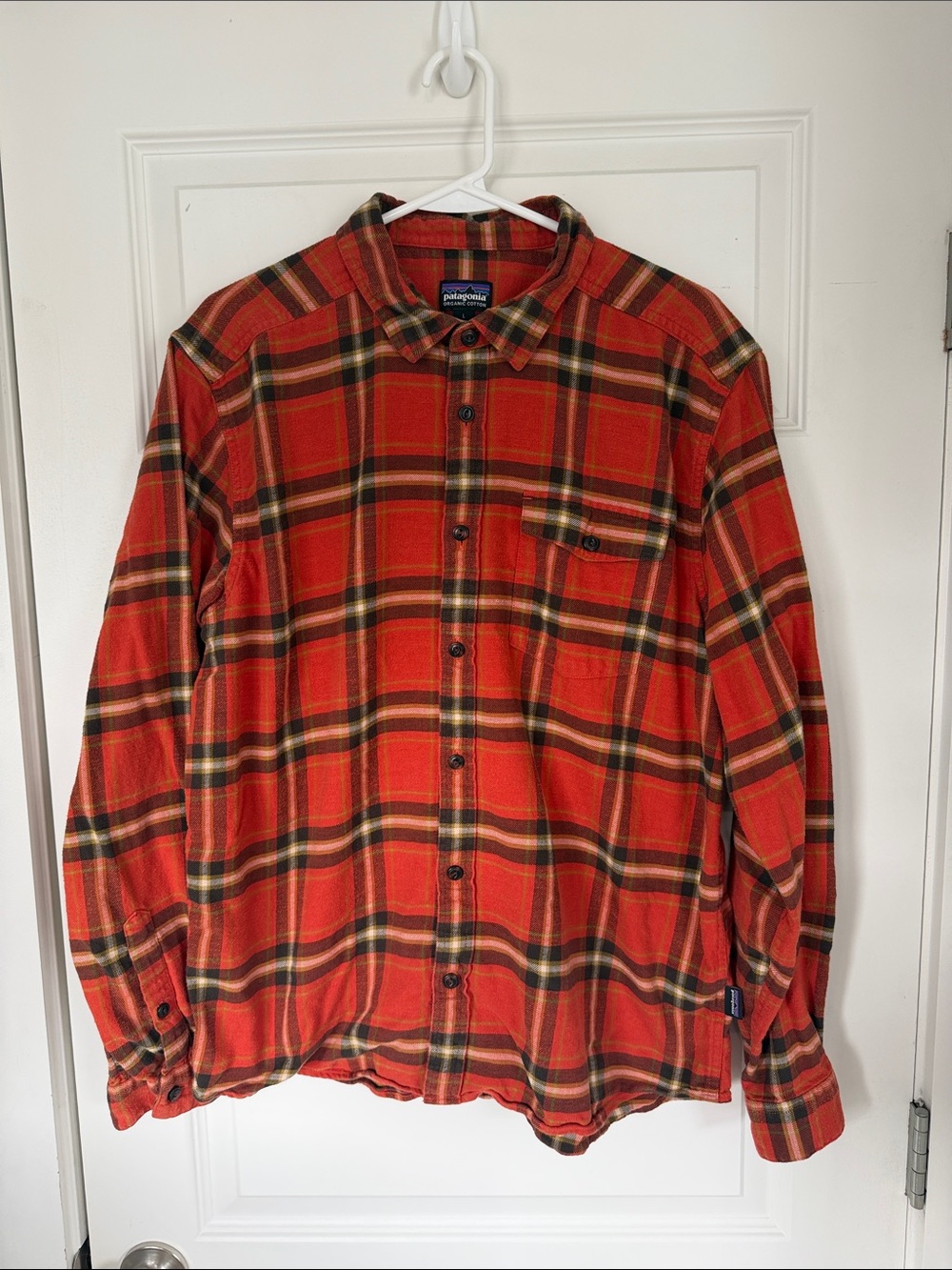 Patagonia Orange and Black Plaid Flannel Shirt